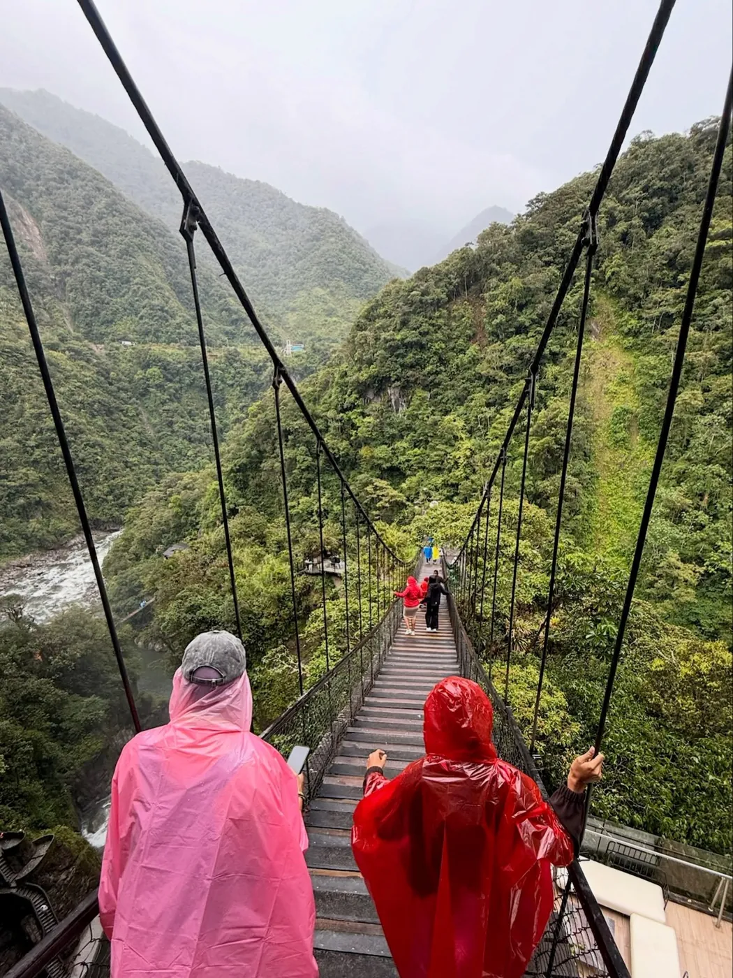 Friends in pink and red rain ponchos on a hanging bridge