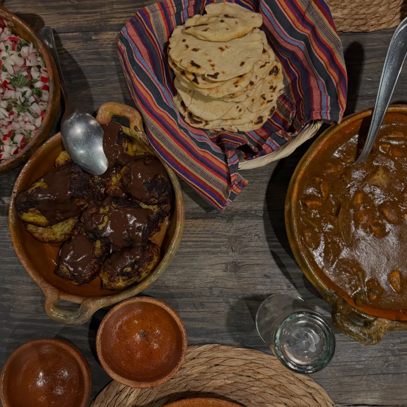 A table of Guatemalan dishes and tortillas