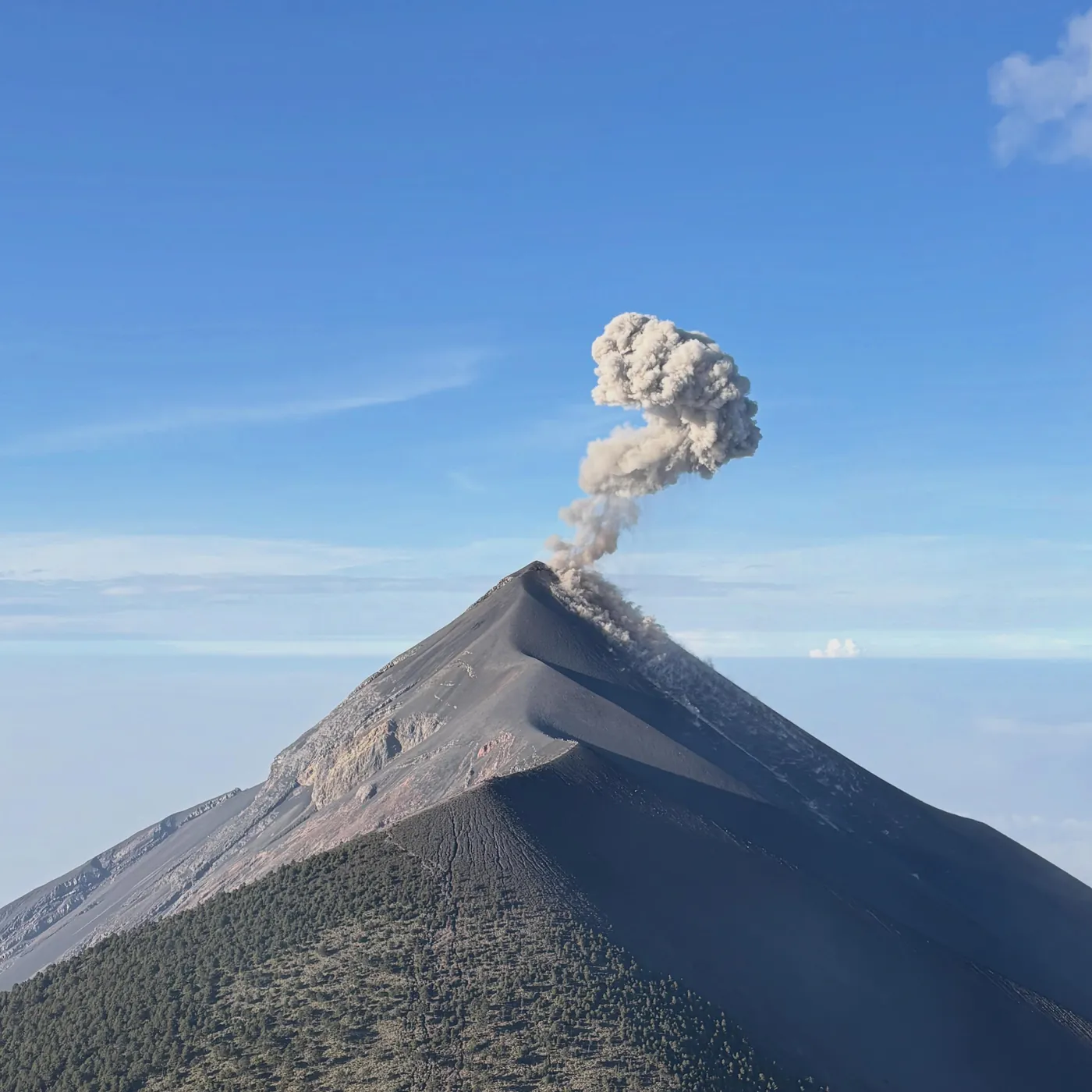 Volcán de Fuego smoking under a blue sky, Guatemala