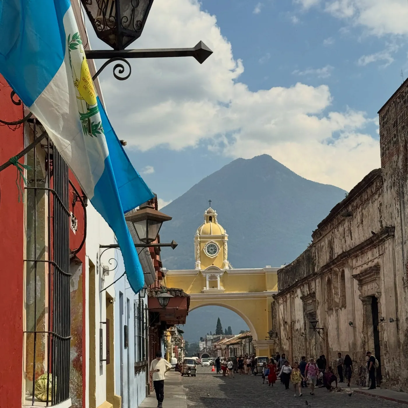 The yellow arch of Santa Catalina and a volcano, Antigua