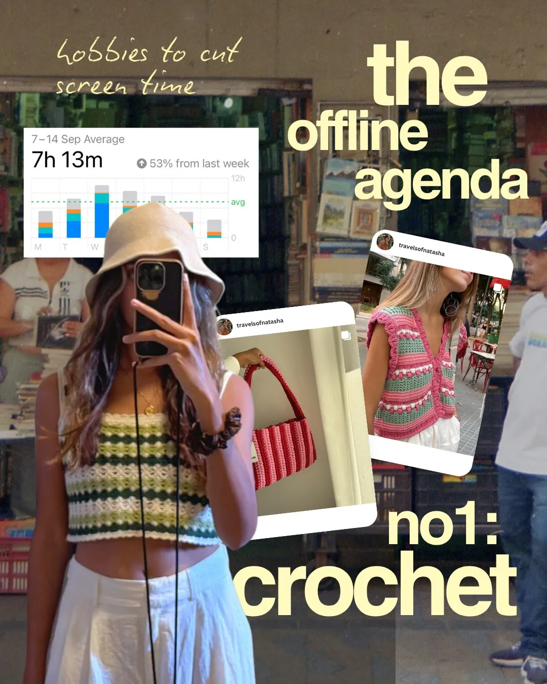 Natasha in a crochet top she made, phone in hand