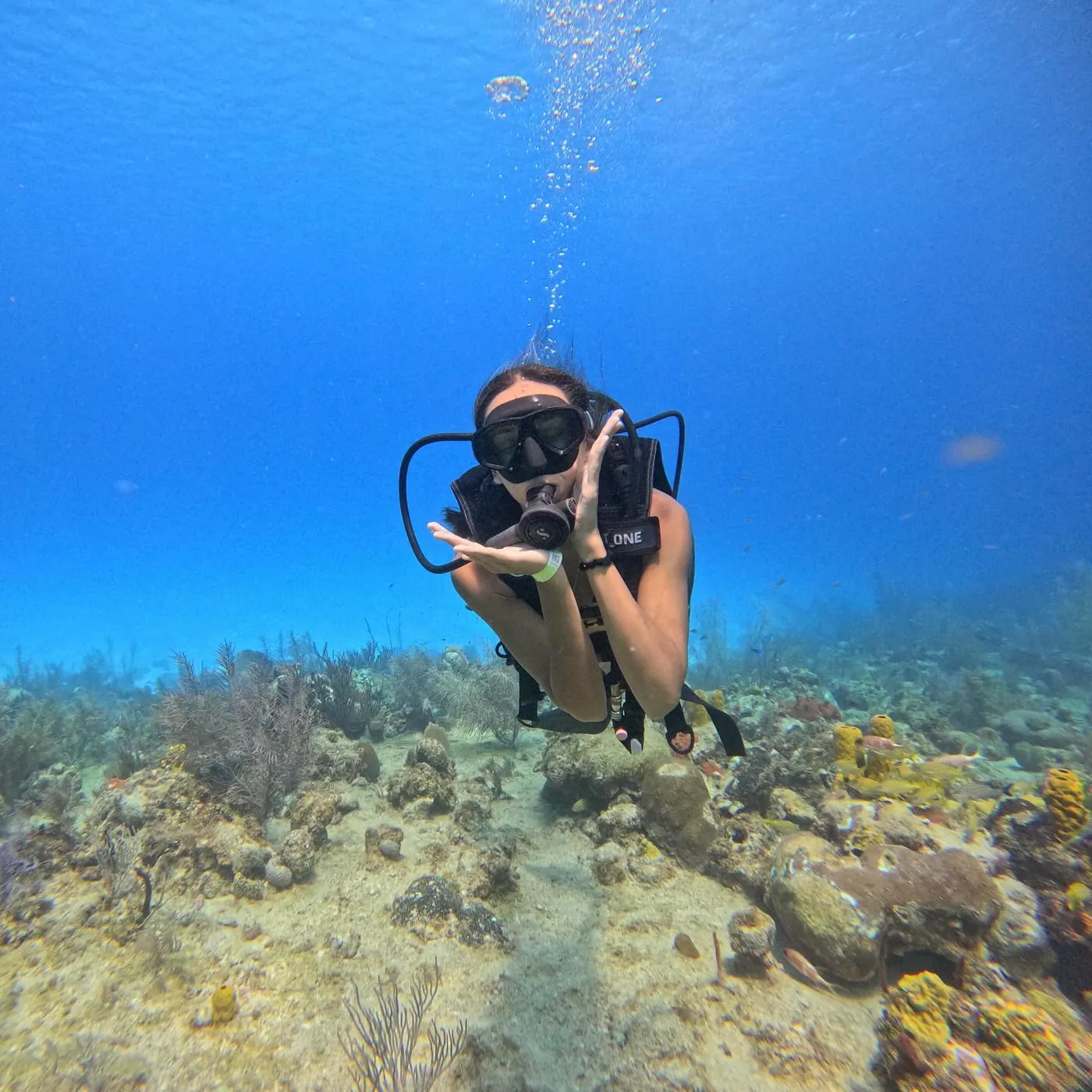 Natasha scuba diving over coral